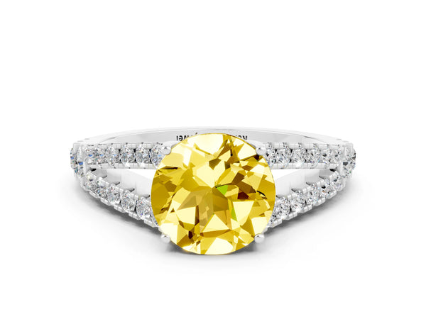 White gold Round Cut Yellow Sapphire Split Shank Pavé Engagement Ring with Four-Prong Setting