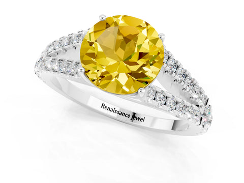 White gold Round Cut Yellow Sapphire Split Shank Pavé Engagement Ring with Four-Prong Setting_13