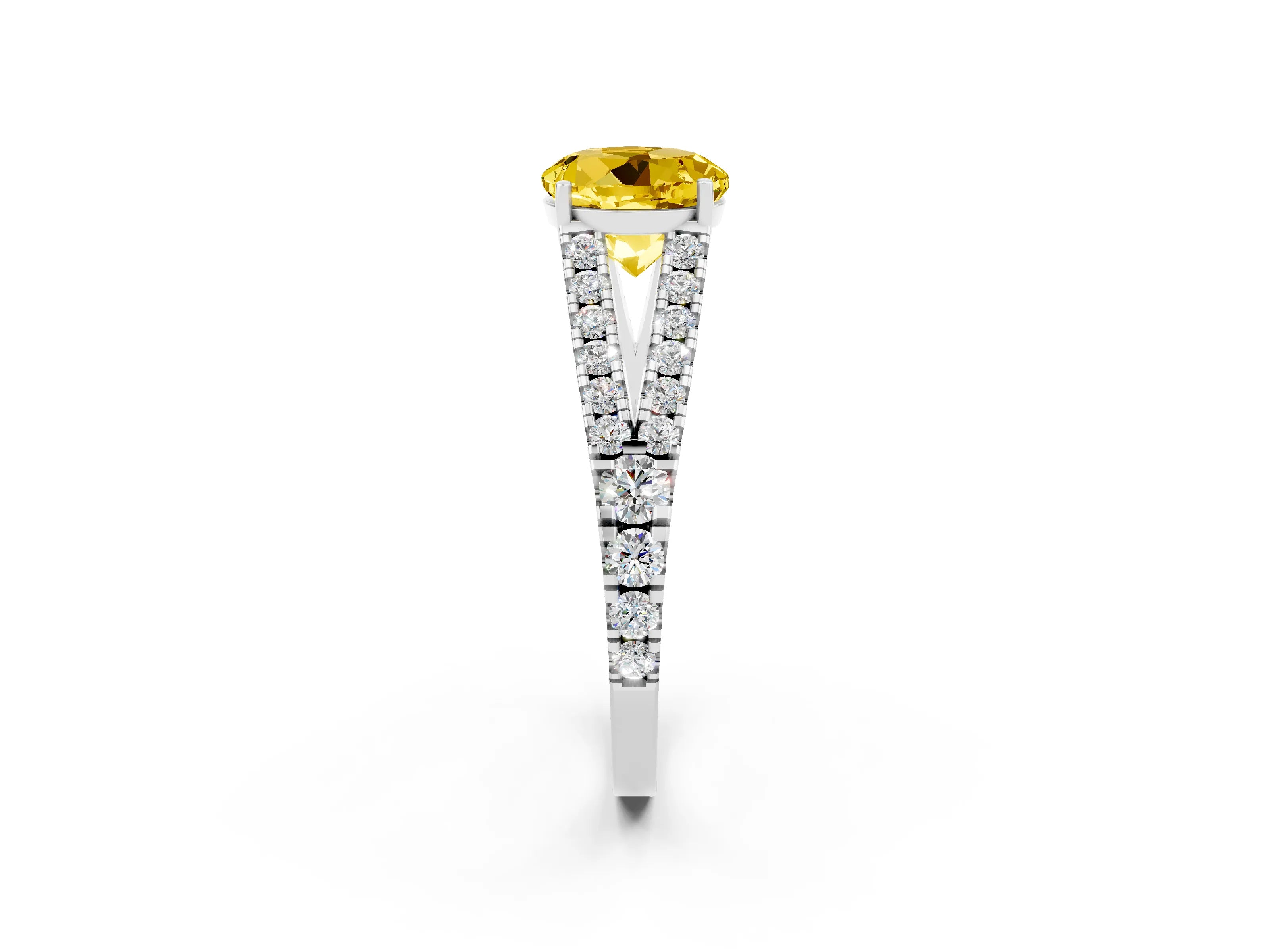 White gold Round Cut Yellow Sapphire Split Shank Pavé Engagement Ring with Four-Prong Setting_14