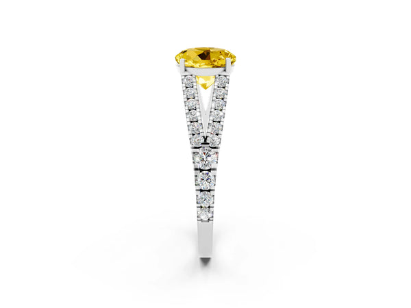 White gold Round Cut Yellow Sapphire Split Shank Pavé Engagement Ring with Four-Prong Setting