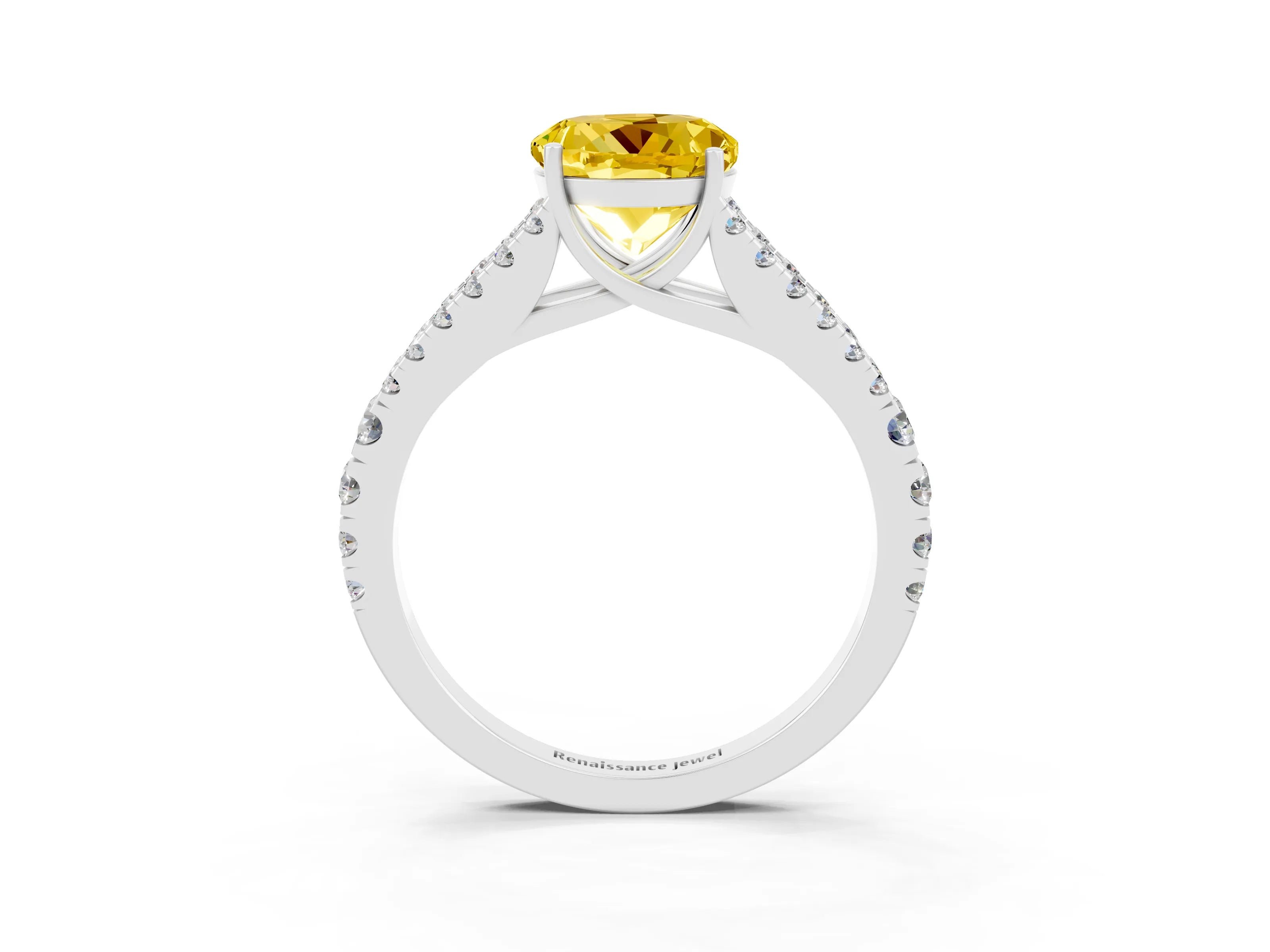 White gold Round Cut Yellow Sapphire Split Shank Pavé Engagement Ring with Four-Prong Setting_15