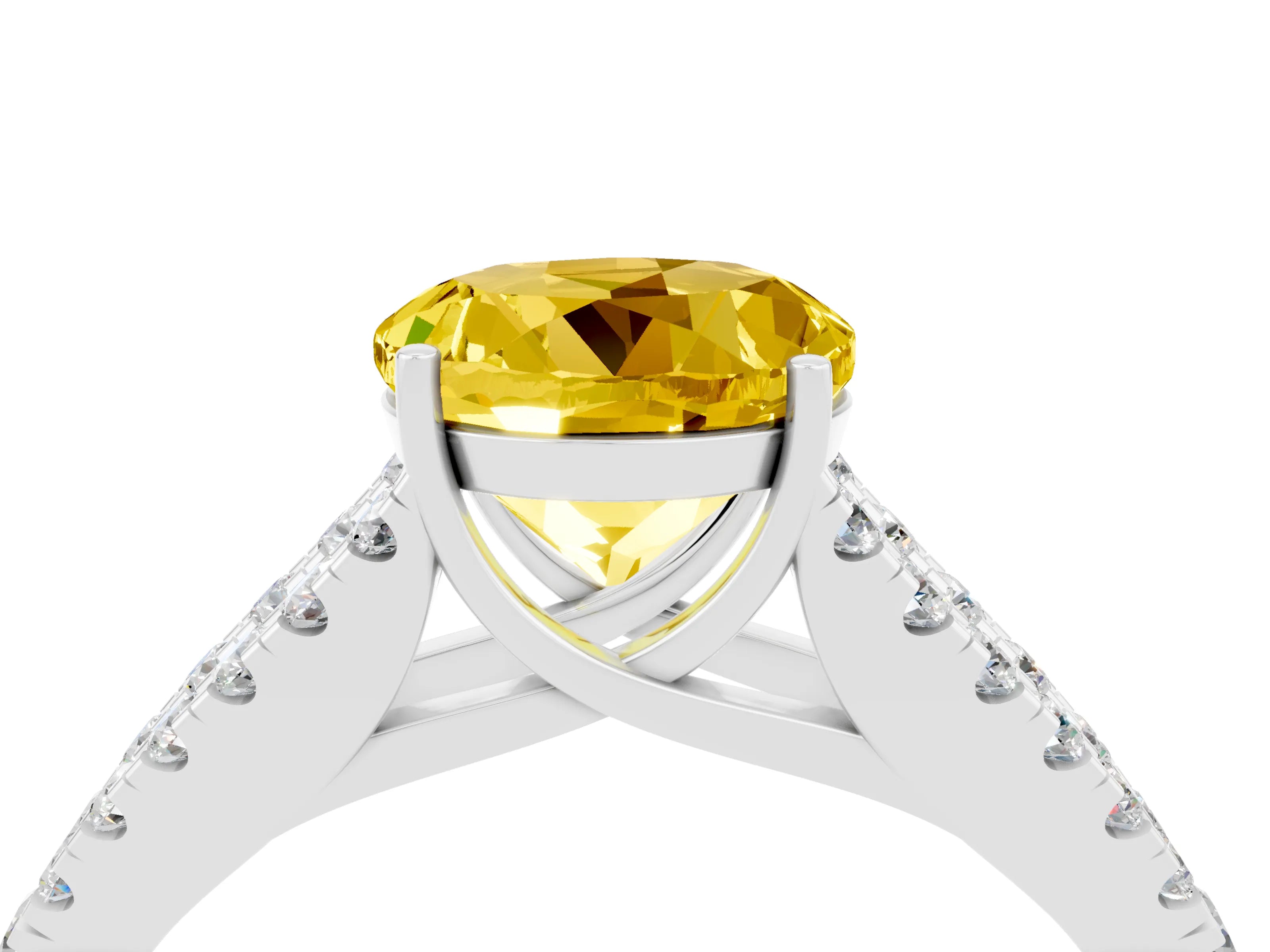 White gold Round Cut Yellow Sapphire Split Shank Pavé Engagement Ring with Four-Prong Setting_16