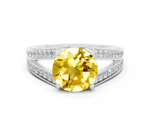 Platinum Round Cut Yellow Sapphire Split Shank Ring with Pavé Band and Four-Prong Setting