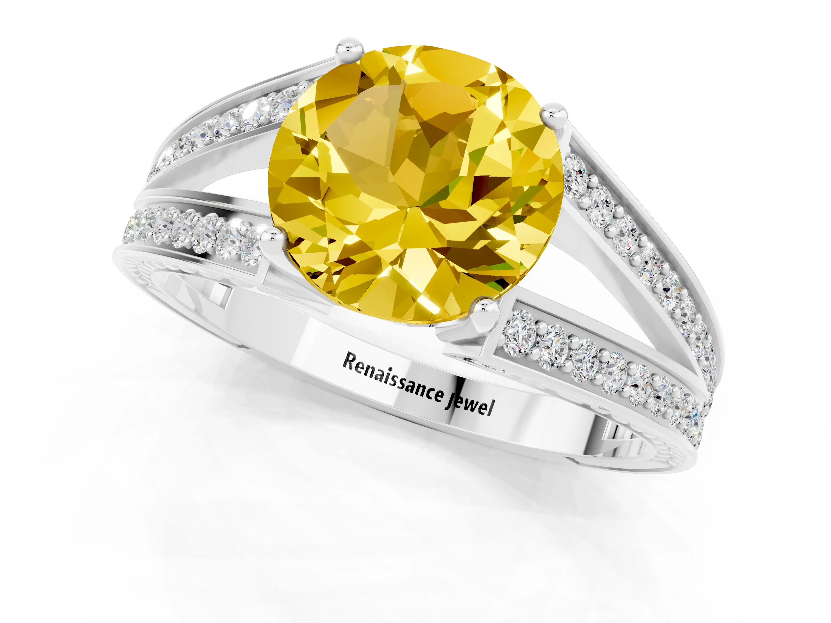 White gold Round Cut Yellow Sapphire Split Shank Ring with Pavé Band and Four-Prong Setting_1
