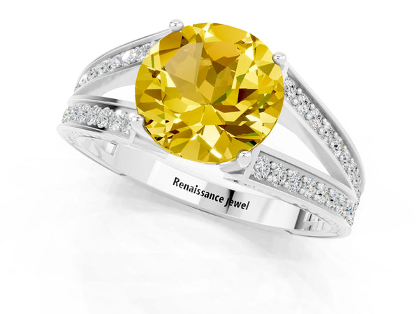 Silver Round Cut Yellow Sapphire Split Shank Ring with Pavé Band and Four-Prong Setting