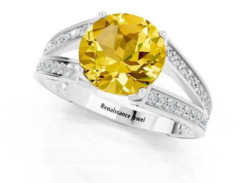 White gold Round Cut Yellow Sapphire Split Shank Ring with Pavé Band and Four-Prong Setting_1