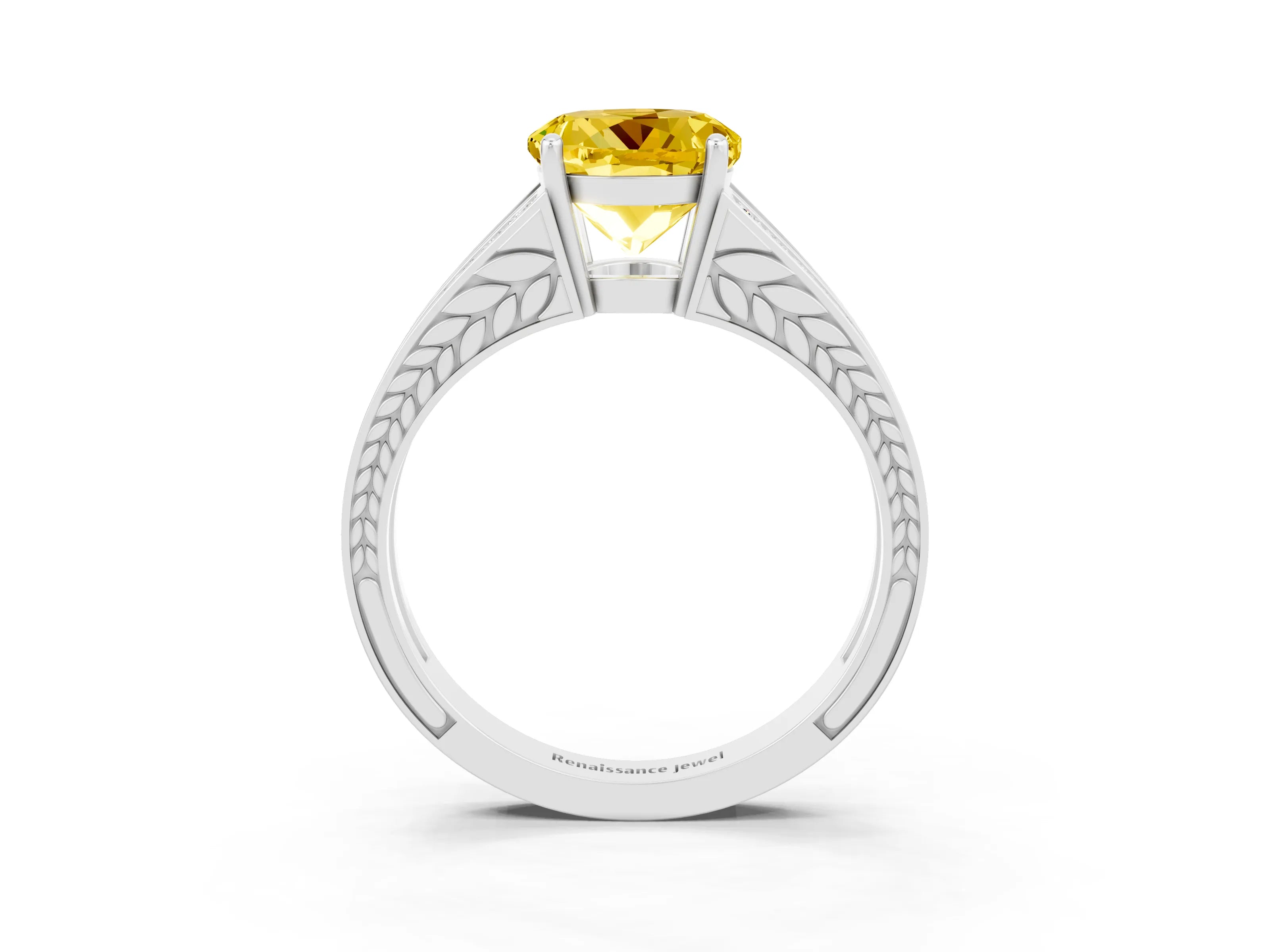 White gold Round Cut Yellow Sapphire Split Shank Ring with Pavé Band and Four-Prong Setting_3