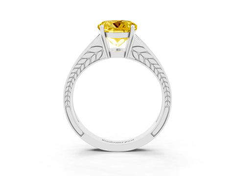 White gold Round Cut Yellow Sapphire Split Shank Ring with Pavé Band and Four-Prong Setting_3