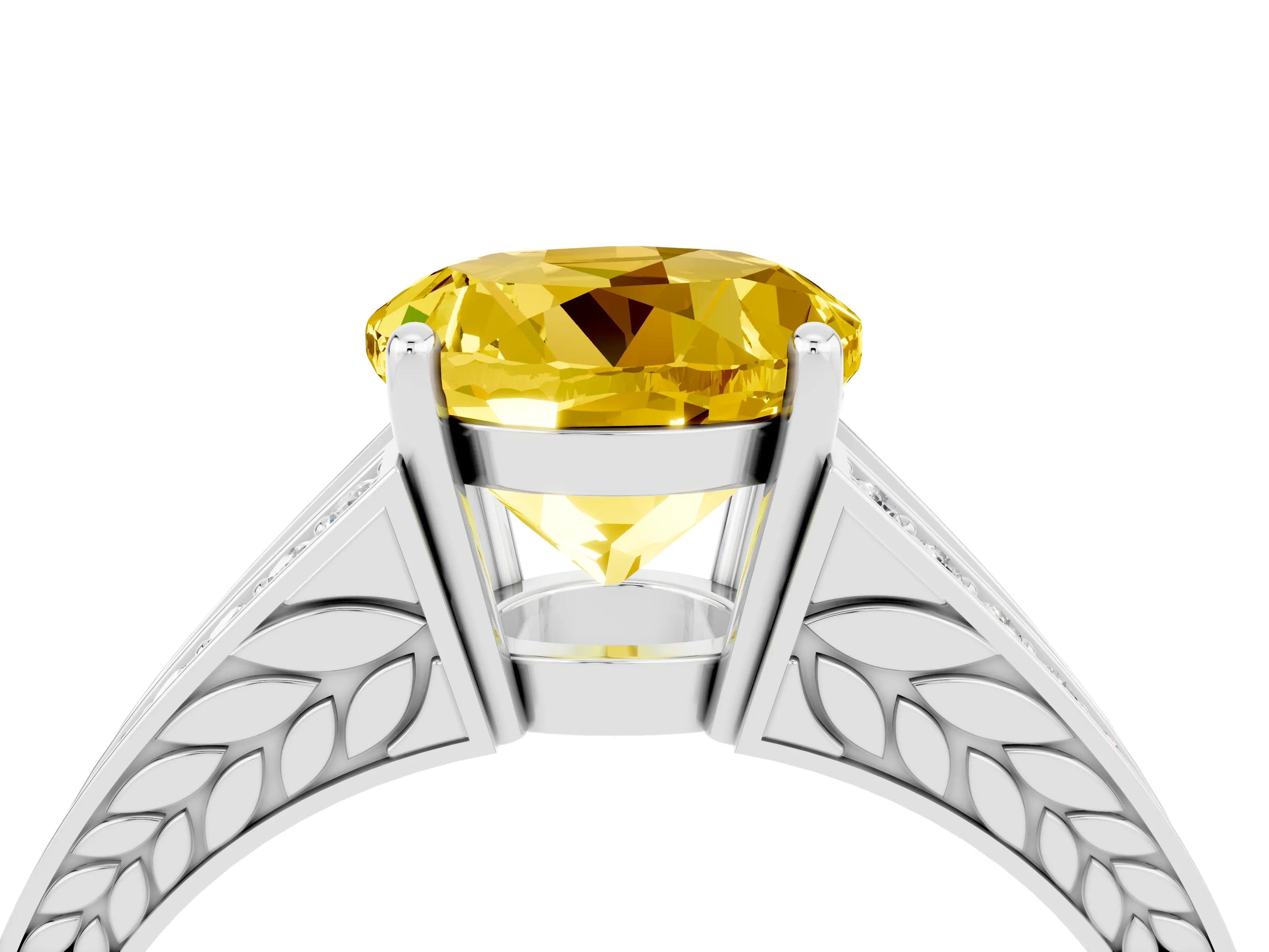 White gold Round Cut Yellow Sapphire Split Shank Ring with Pavé Band and Four-Prong Setting_4