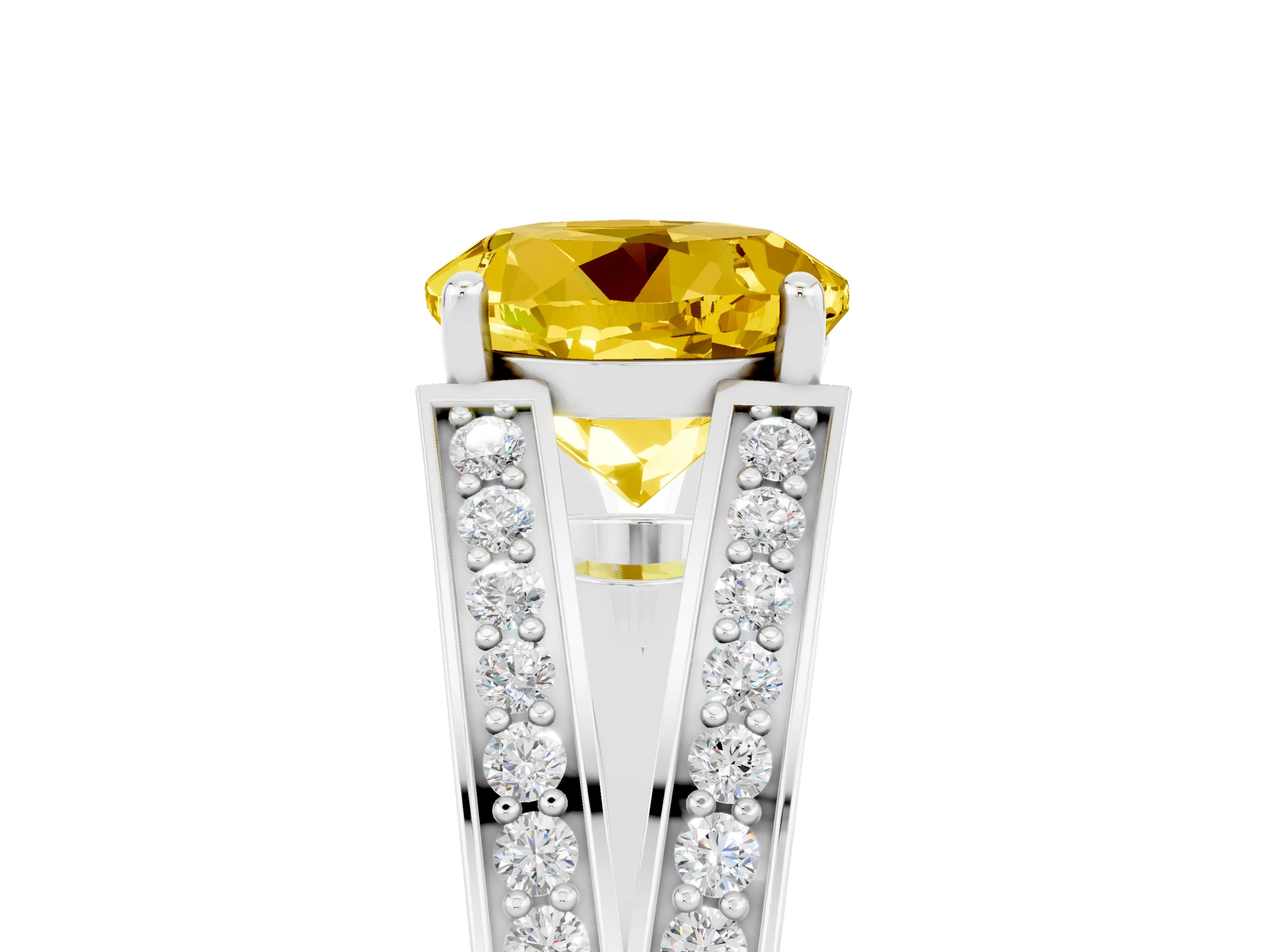 White gold Round Cut Yellow Sapphire Split Shank Ring with Pavé Band and Four-Prong Setting_5