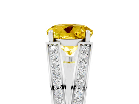White gold Round Cut Yellow Sapphire Split Shank Ring with Pavé Band and Four-Prong Setting_5
