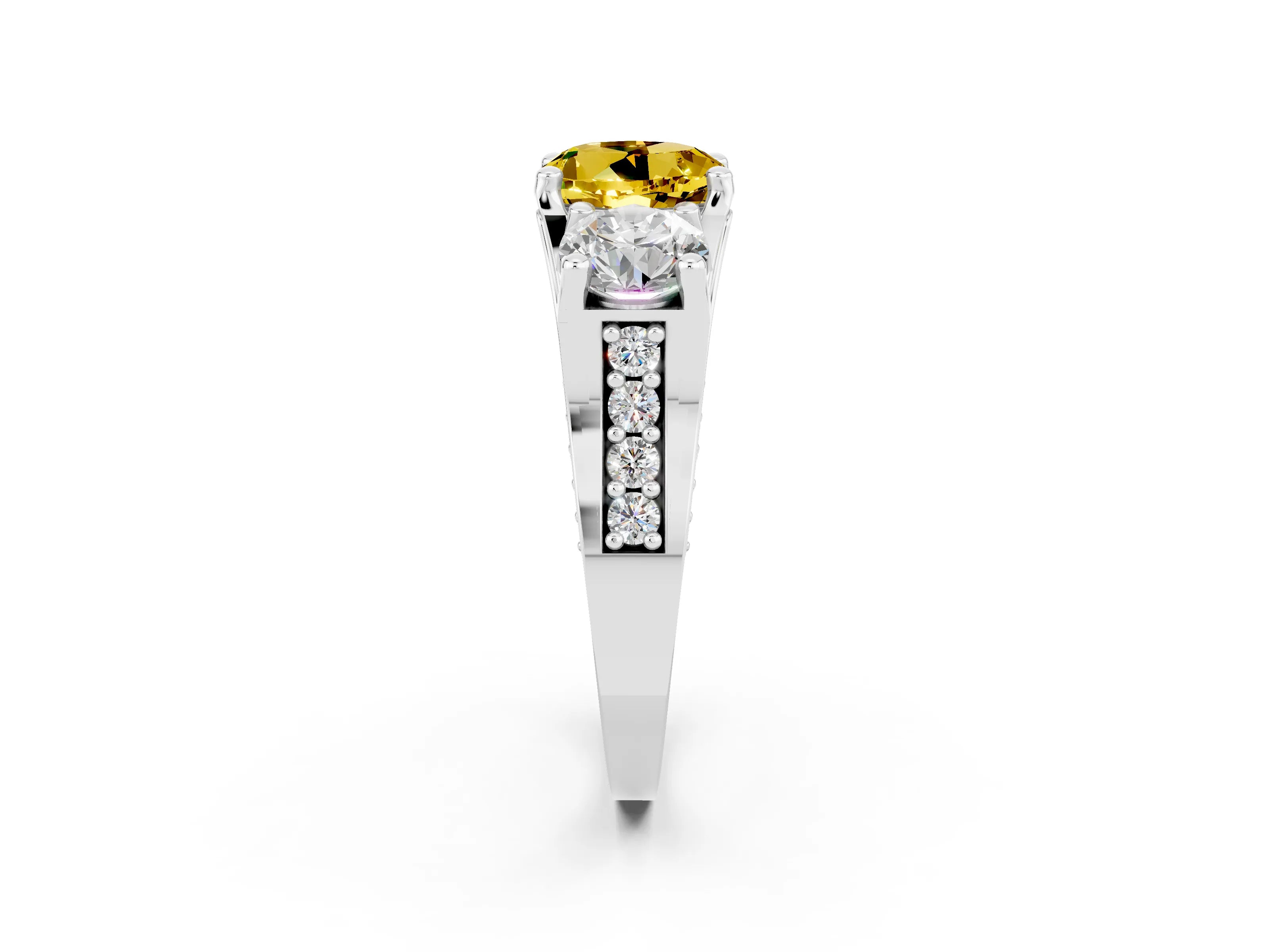 White gold Round Cut Yellow Sapphire Three-Stone Ring with Channel Set Band and Four-Prong Setting_2