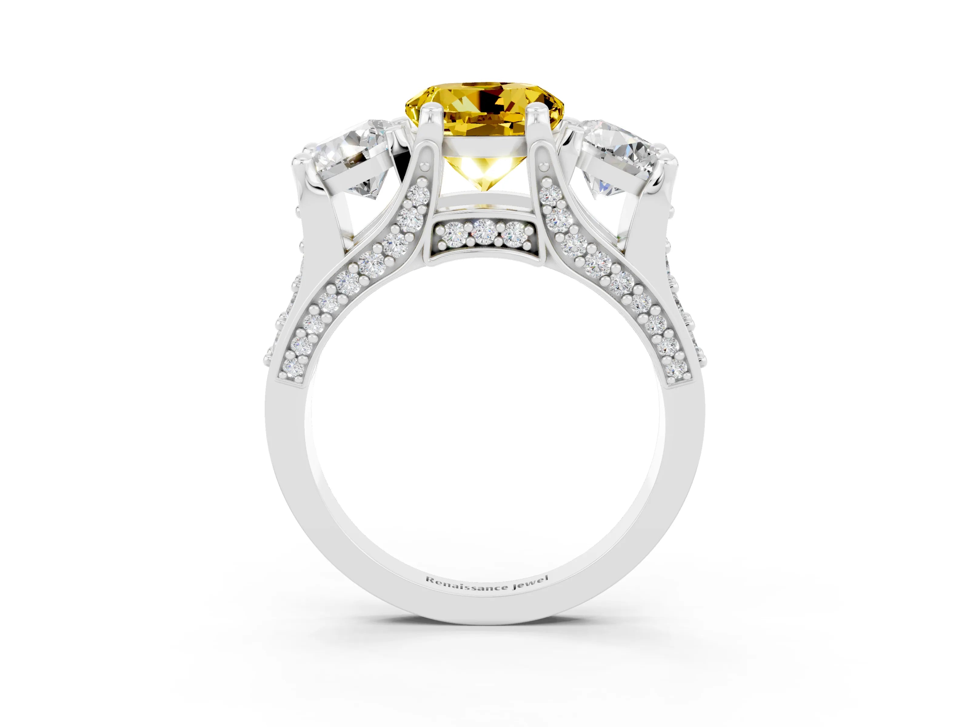 White gold Round Cut Yellow Sapphire Three-Stone Ring with Channel Set Band and Four-Prong Setting_3