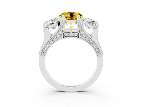 White gold Round Cut Yellow Sapphire Three-Stone Ring with Channel Set Band and Four-Prong Setting_3