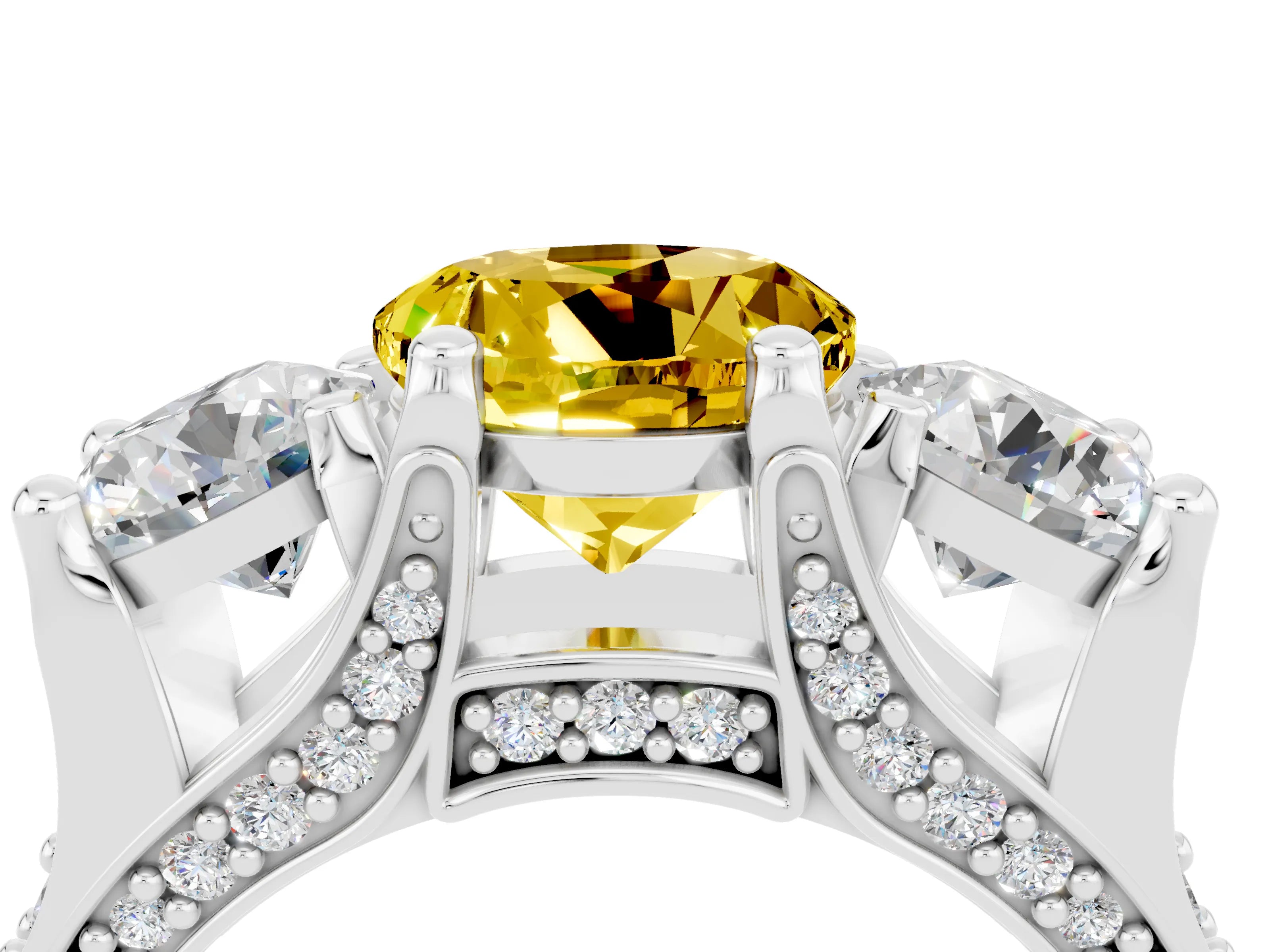 White gold Round Cut Yellow Sapphire Three-Stone Ring with Channel Set Band and Four-Prong Setting_4