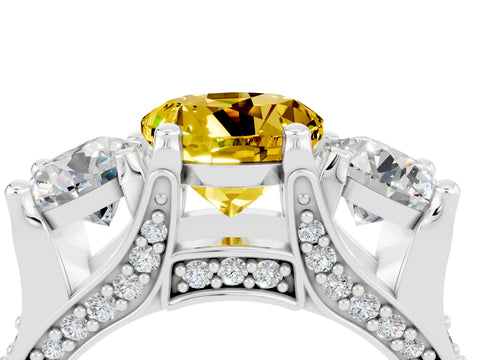White gold Round Cut Yellow Sapphire Three-Stone Ring with Channel Set Band and Four-Prong Setting_4