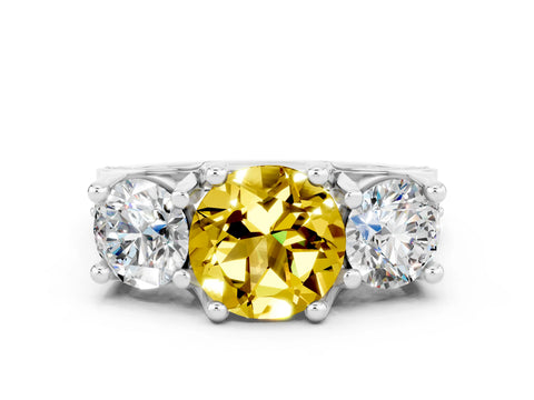 White gold Round Cut Yellow Sapphire Three-Stone Ring with Channel Set Band and Four-Prong Setting