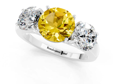 White gold Round Cut Yellow Sapphire Three-Stone Ring with Four-Prong Setting and Classic Band_1