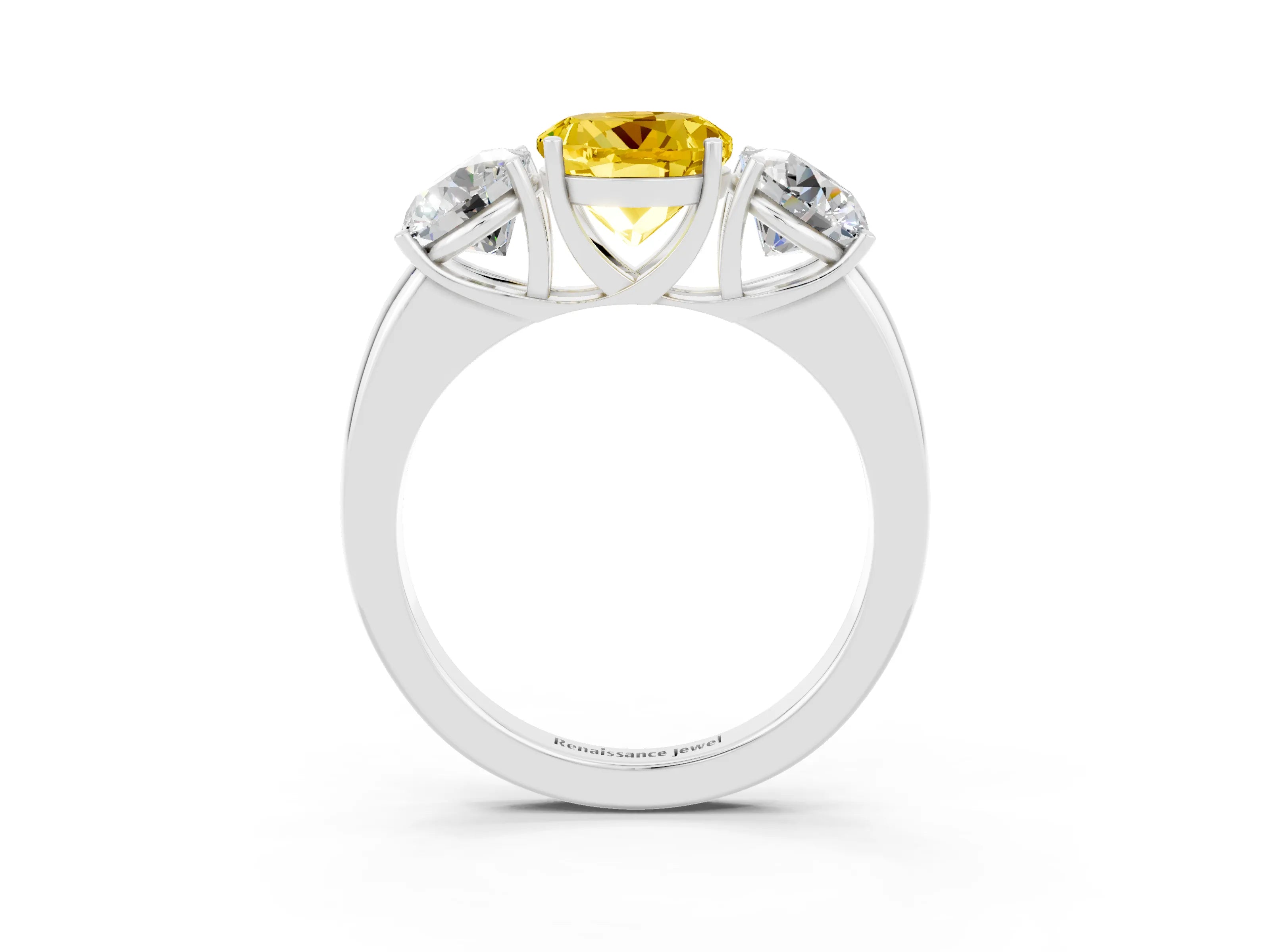 White gold Round Cut Yellow Sapphire Three-Stone Ring with Four-Prong Setting and Classic Band_3