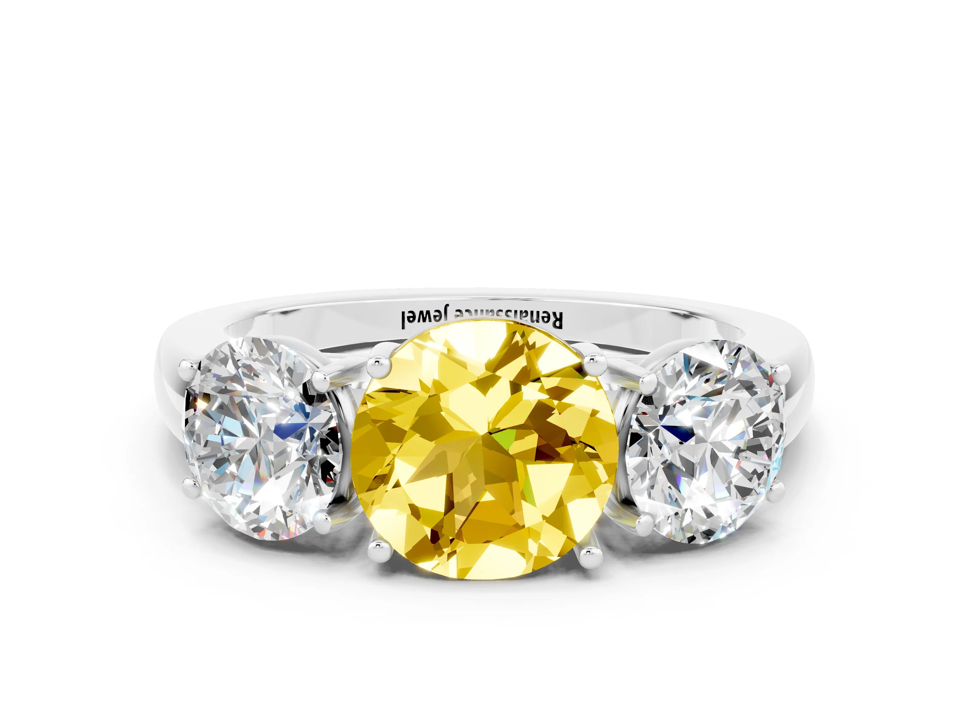 White gold Round Cut Yellow Sapphire Three-Stone Ring with Four-Prong Setting and Classic Band