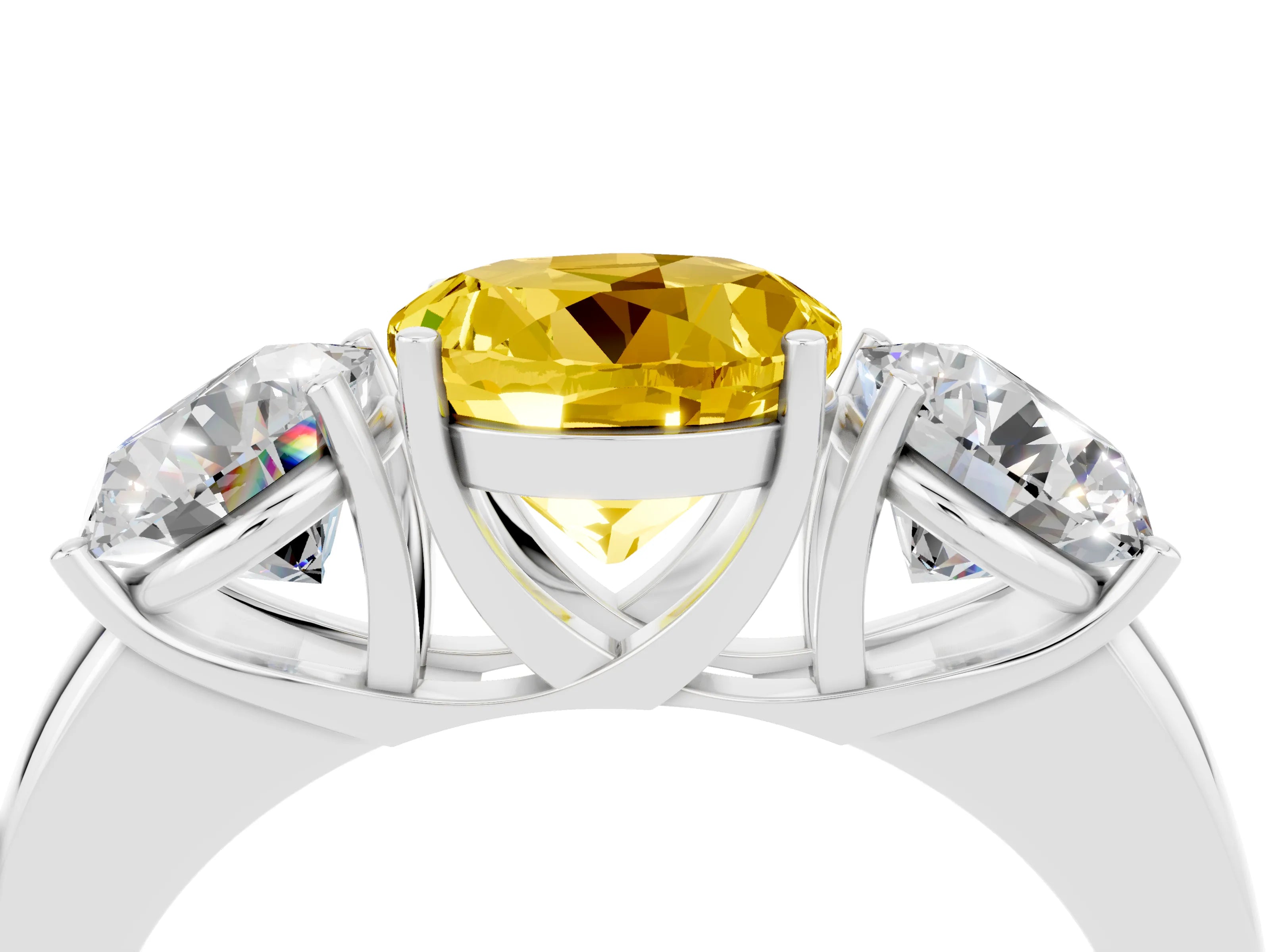 White gold Round Cut Yellow Sapphire Three-Stone Ring with Four-Prong Setting and Classic Band_4
