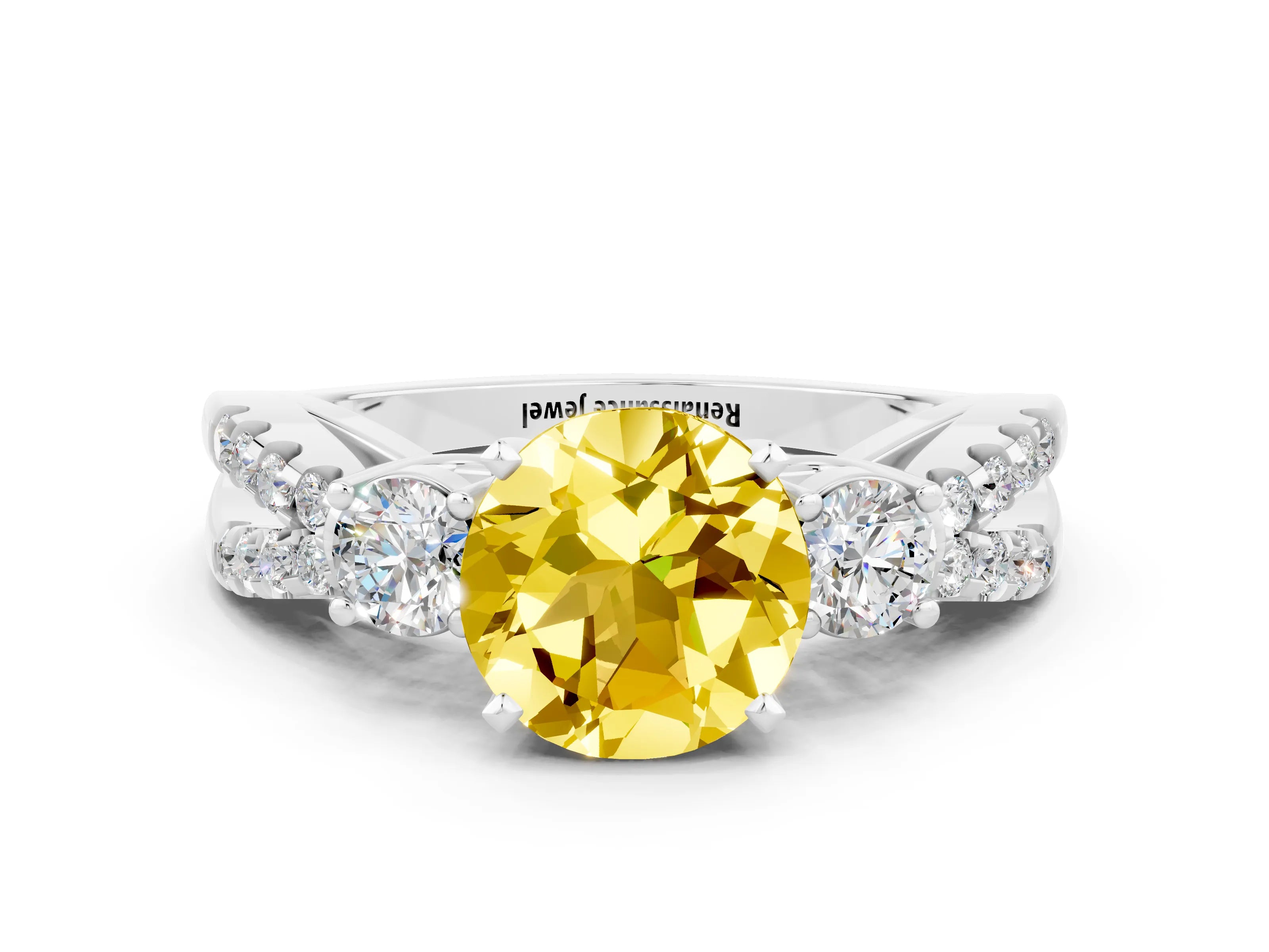 White gold Round Cut Yellow Sapphire Three-Stone Ring with Pavé Split Shank and Four-Prong Setting_36
