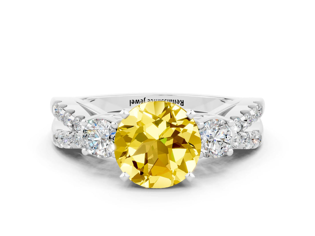 White gold Round Cut Yellow Sapphire Three-Stone Ring with Pavé Split Shank and Four-Prong Setting_36