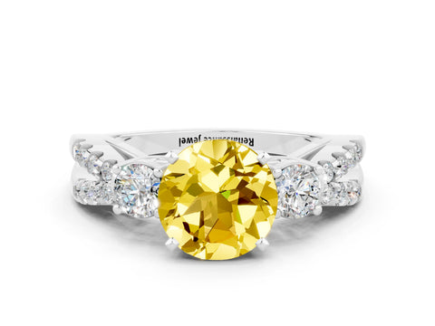 White gold Round Cut Yellow Sapphire Three-Stone Ring with Pavé Split Shank and Four-Prong Setting_36