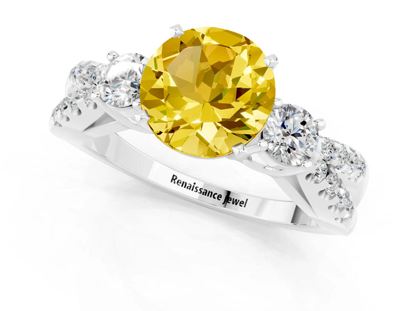 Platinum Round Cut Yellow Sapphire Three-Stone Ring with Pavé Split Shank and Four-Prong Setting