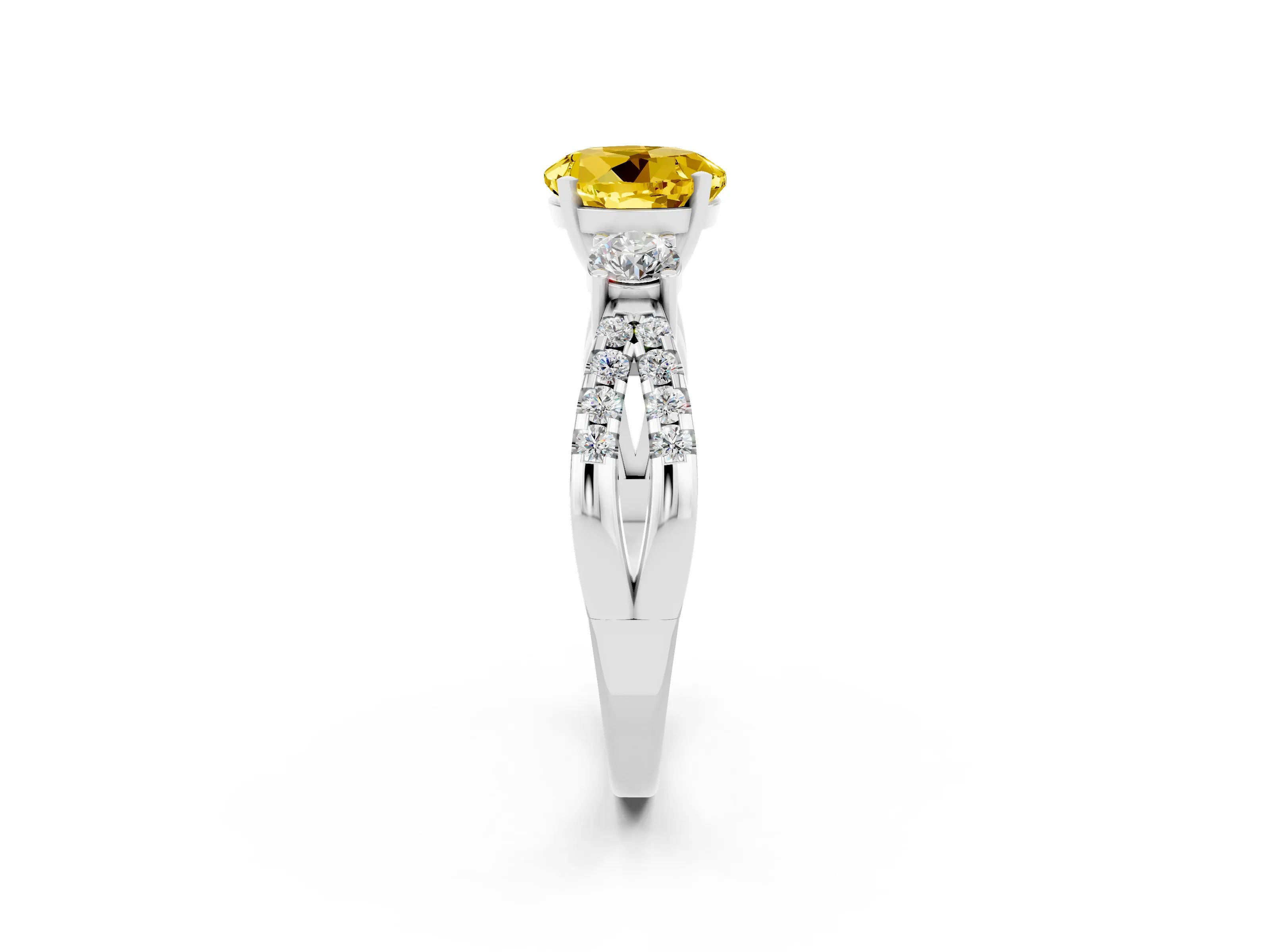 White gold Round Cut Yellow Sapphire Three-Stone Ring with Pavé Split Shank and Four-Prong Setting_38