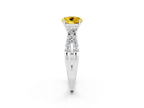 Silver Round Cut Yellow Sapphire Three-Stone Ring with Pavé Split Shank and Four-Prong Setting