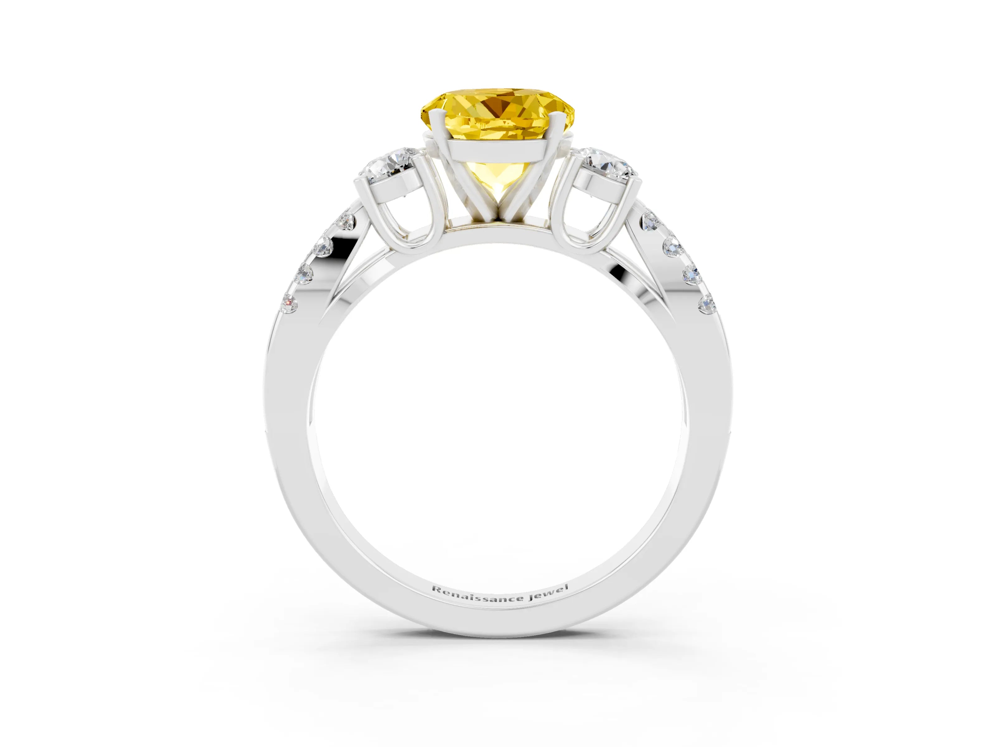 White gold Round Cut Yellow Sapphire Three-Stone Ring with Pavé Split Shank and Four-Prong Setting_39