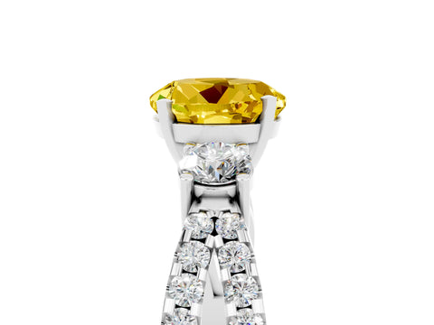White gold Round Cut Yellow Sapphire Three-Stone Ring with Pavé Split Shank and Four-Prong Setting_41