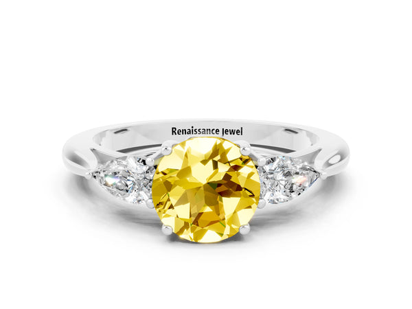 Silver Round Cut Yellow Sapphire Three-Stone Ring with Pear  Side Stones and Prong Setting