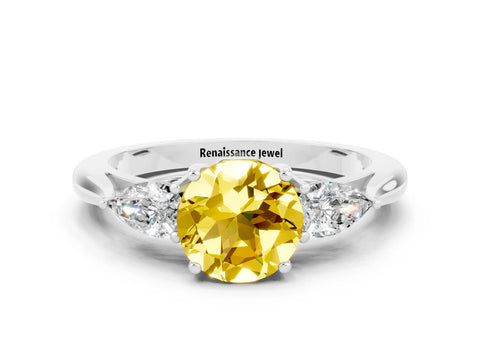 White gold Round Cut Yellow Sapphire Three-Stone Ring with Pear Side Stones and Four-Prong Setting_12