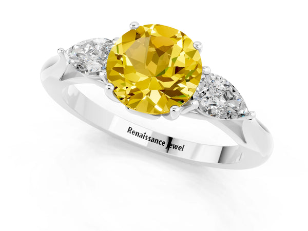 White gold Round Cut Yellow Sapphire Three-Stone Ring with Pear  Side Stones and Prong Setting
