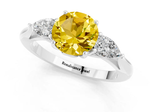 White gold Round Cut Yellow Sapphire Three-Stone Ring with Pear Side Stones and Four-Prong Setting_13