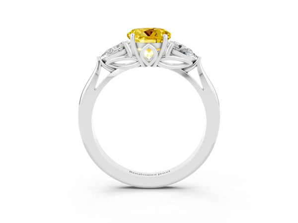 Platinum Round Cut Yellow Sapphire Three-Stone Ring with Pear  Side Stones and Prong Setting