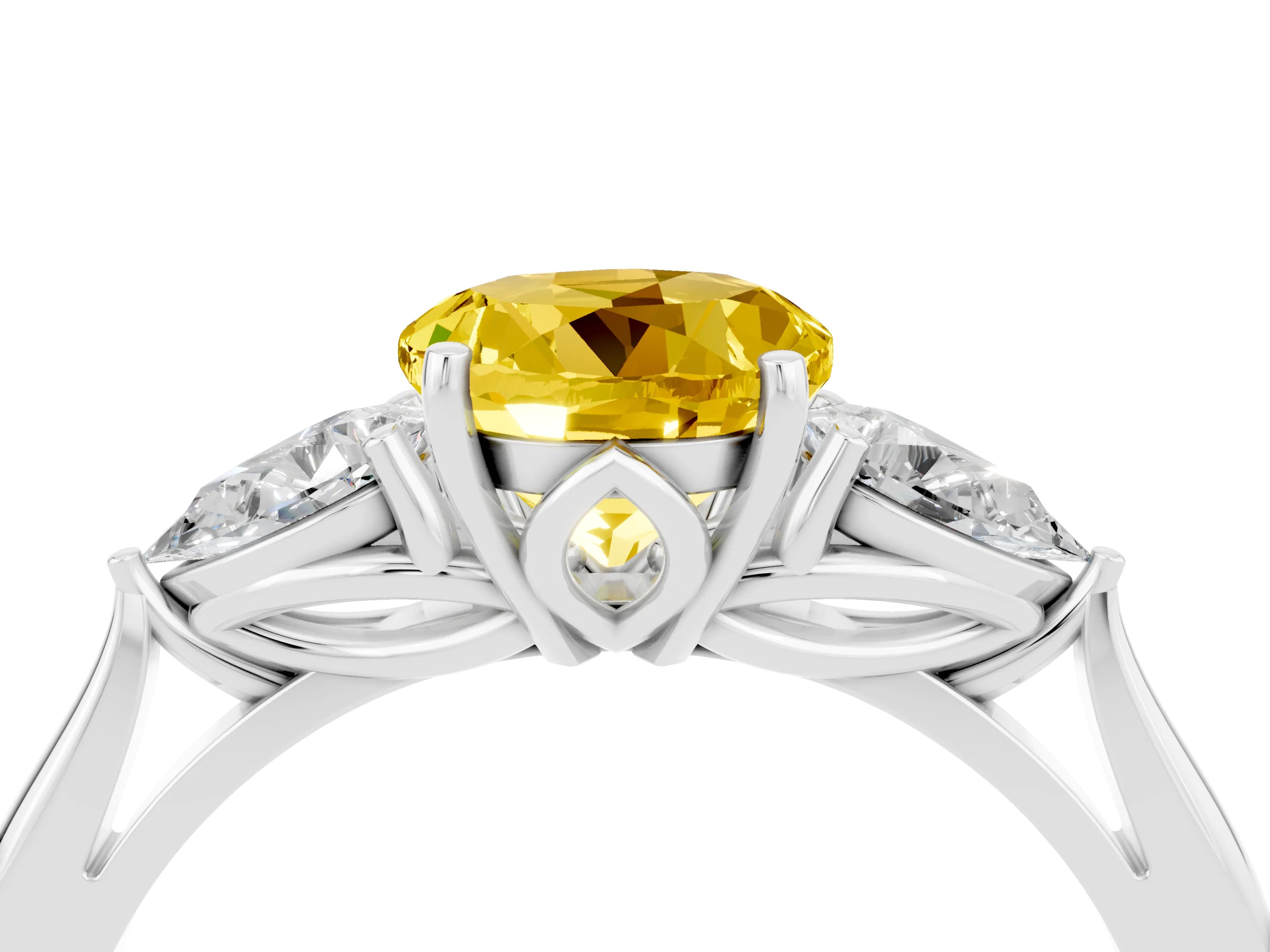 White gold Round Cut Yellow Sapphire Three-Stone Ring with Pear Side Stones and Four-Prong Setting_16