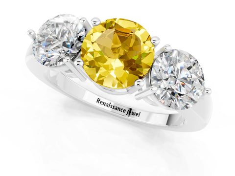 White gold Round Cut Yellow Sapphire Three-Stone Ring with Prong Setting and Classic Band_1