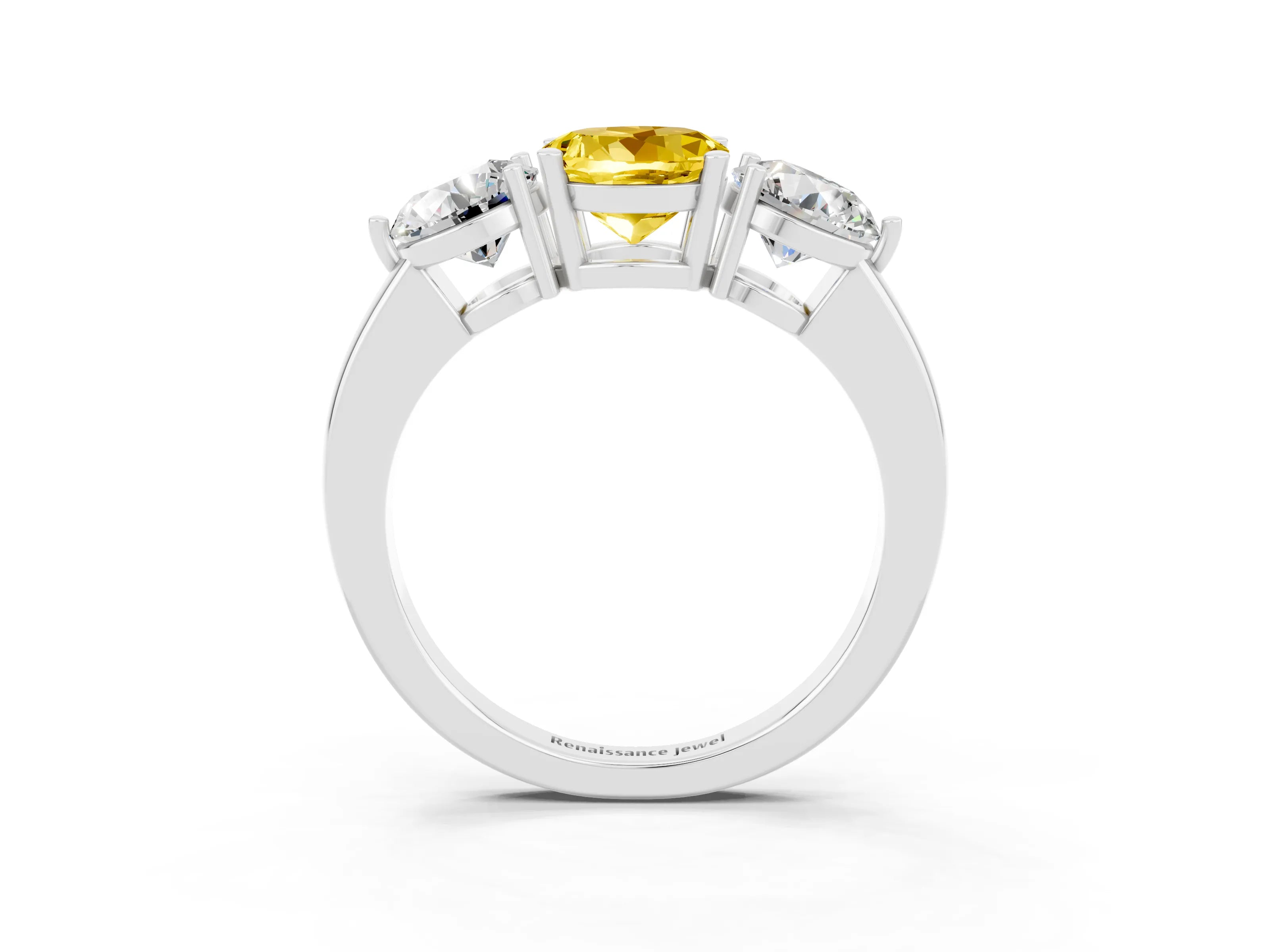 White gold Round Cut Yellow Sapphire Three-Stone Ring with Prong Setting and Classic Band_3
