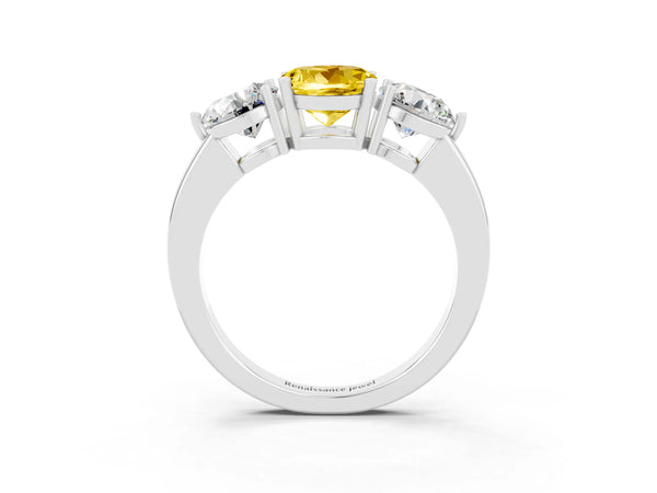 Platinum Round Cut Yellow Sapphire Three-Stone Ring with Prong Setting and Classic Band