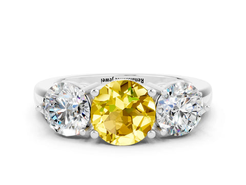 White gold Round Cut Yellow Sapphire Three-Stone Ring with Prong Setting and Classic Band