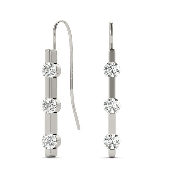 White gold Round Diamond Bar Drop Earrings with Bezel Setting