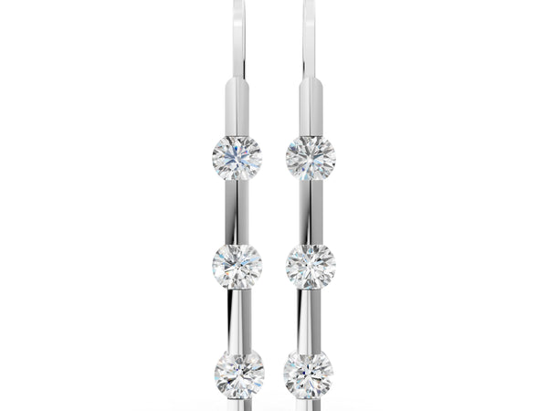 Silver Round Diamond Bar Drop Earrings with Bezel Setting
