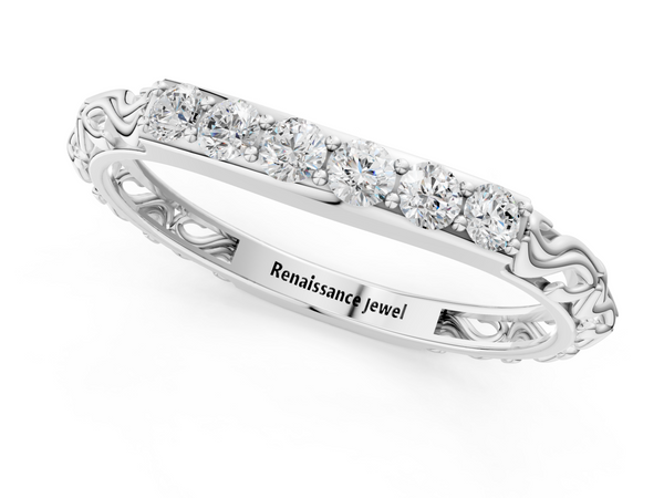 Platinum Round Diamond Bar Set Eternity Band with Filigree Design