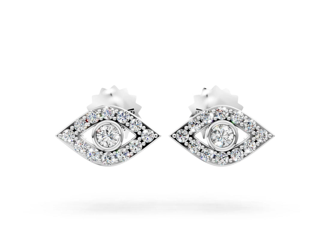 White gold Round Diamond Bezel Center Evil Eye Stud Earrings_4