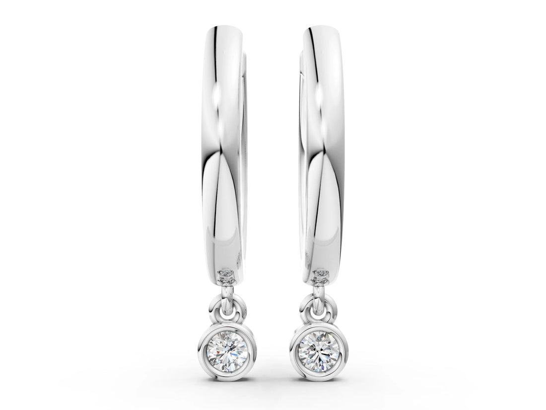 White gold Round Diamond Bezel Drop Huggie Hoop Earrings_8