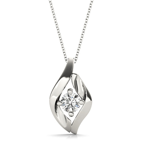 White gold Round Diamond Bezel-Set Leaf Pendant