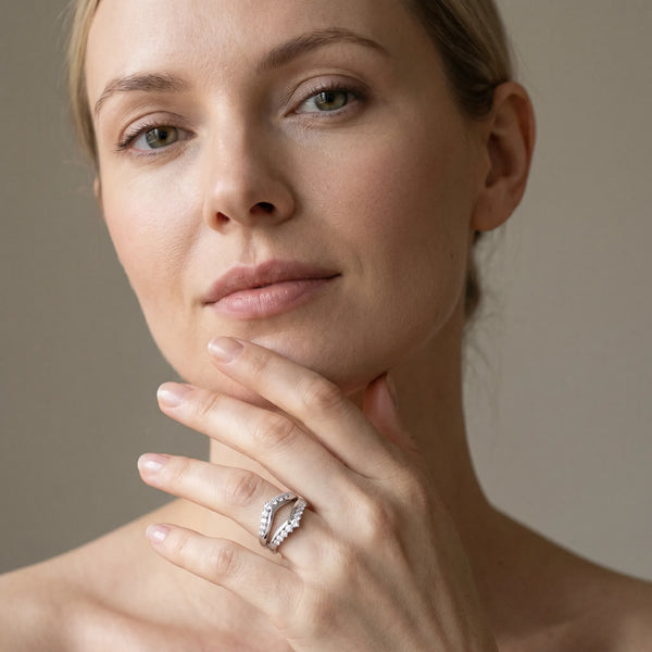 Platinum Round Diamond Chevron Contour Band with Prong Setting